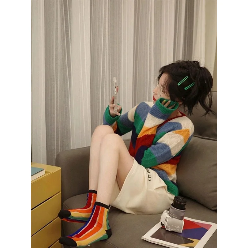 Women Autumn Winter Loose Button Multicolor O-neck knitting women All-match clothes Striped Loose pullover Long sleeve sweater