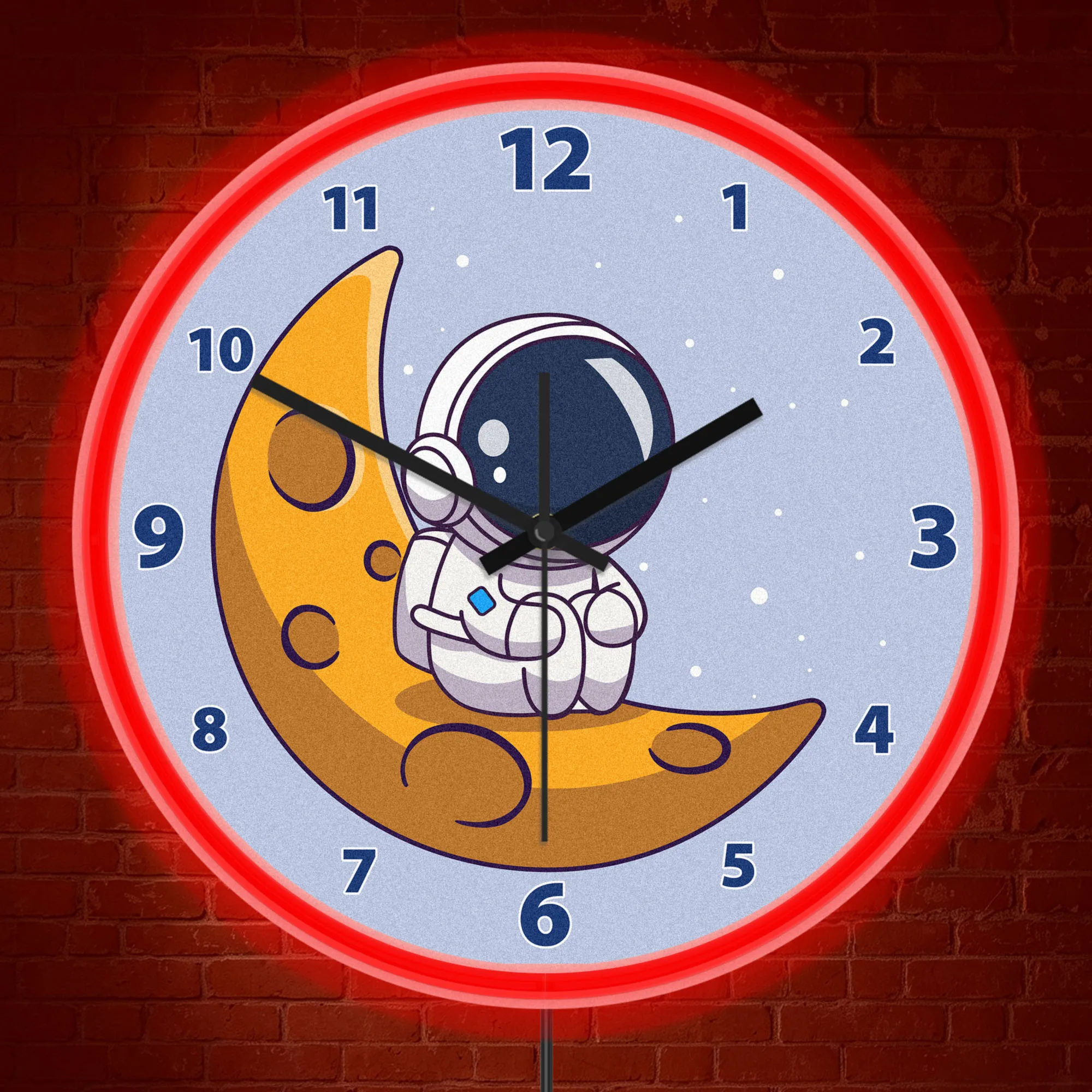 Cartoon Space Astronaut Silent Non Ticking Wall Clock with Neon Rim Cosmic Spaceman Galaxy Home Decor LED Night Light Wall Clock