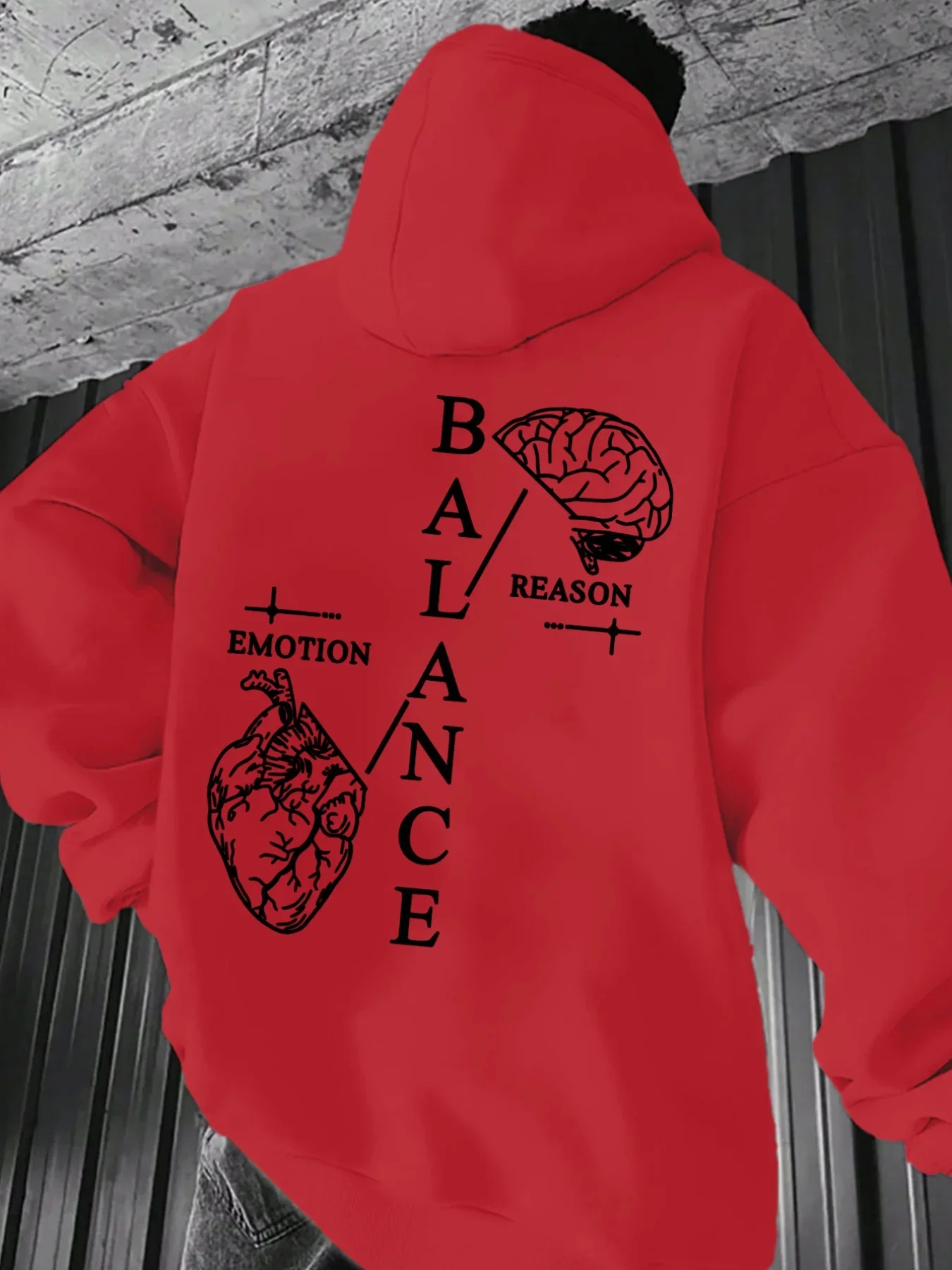 Cool Balance Men's Hoodie with Brain Psychology & Emotional Letter Print, Relaxed Casual Street Style Sweatshirt