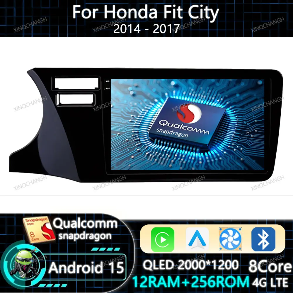 Android 15 Car Radio Carplay Auto For Honda Fit City 2014 - 2017 Qualcomm 2DIN 4G WIFI BT Head Unit GPS QLED Navigation BT GPS