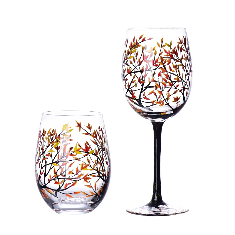 1PC Four Seasons Trees Wine Glasses Goblet Creative Printed Round Glass Cup For Wine Beer Cocktail Large Capacity Glass Cup Gift