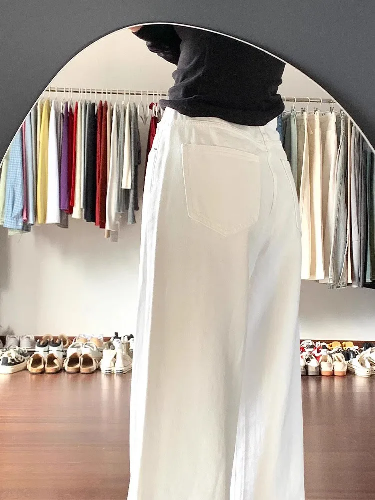 Loose Fit High Waist Wide Leg Jeans Women's Slim Sle White Denim Pants Autumn New Street Sle Lazy Slimming Floor-Length