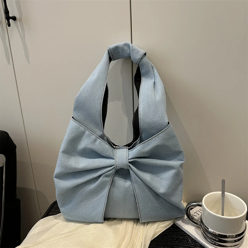 

2025 New Faion Simple Denim Single oulder Handbag Cute Ele Knot Small Commuter Tote Bag Soft Polyester Lini...
