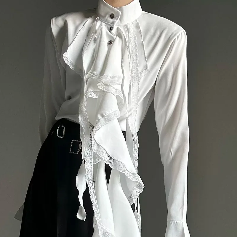 Kimotimo Lolita White Shirts Women Vintage Palace Style Lace Ruffles Long Sleeve Tops Autumn Elegant Fashion Button Up Blouse
