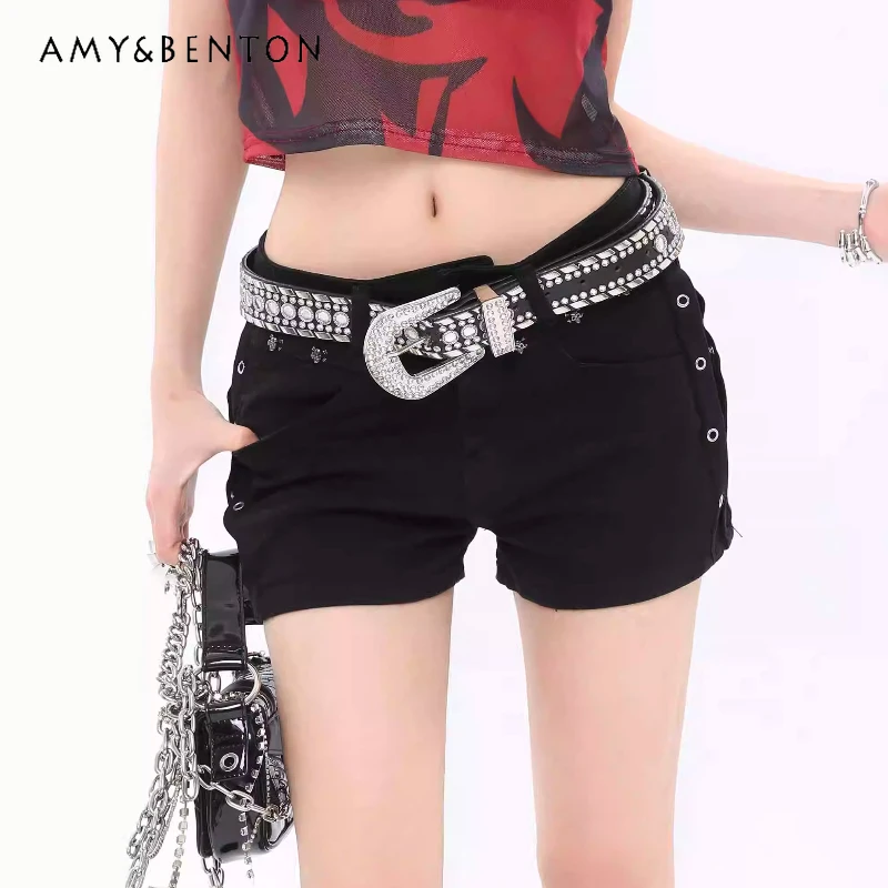 

Gothic Dark Punk Women's Clothing Original Design Black Summer New Hot Girl Sexy Low Waist Rivet Bodycon Denim Shorts Ladies