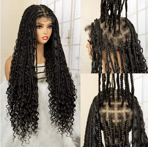 32 Inch Long Curly Braided Wigs Box Braiding Wig with Baby Hair Full Lace Frontal Wig Curly Wig with Braids for Women Daily Use