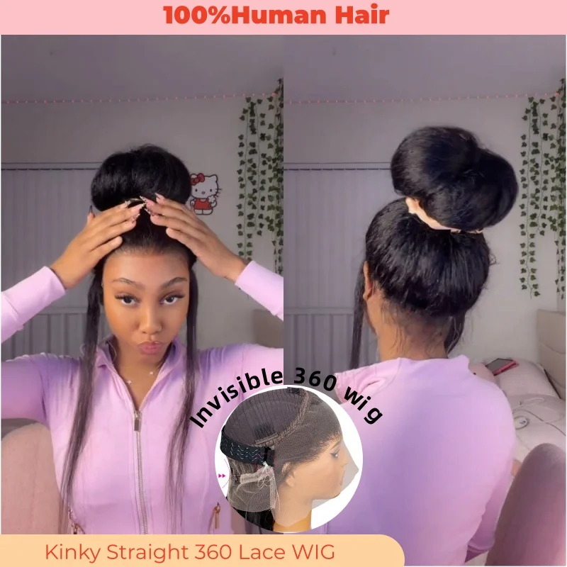 

Invisible Strap 360 Kinky Straight Lace Frontal Brazilian Human Hair Wig Per Plucked Yaki Straight Lace Front Wig For Women