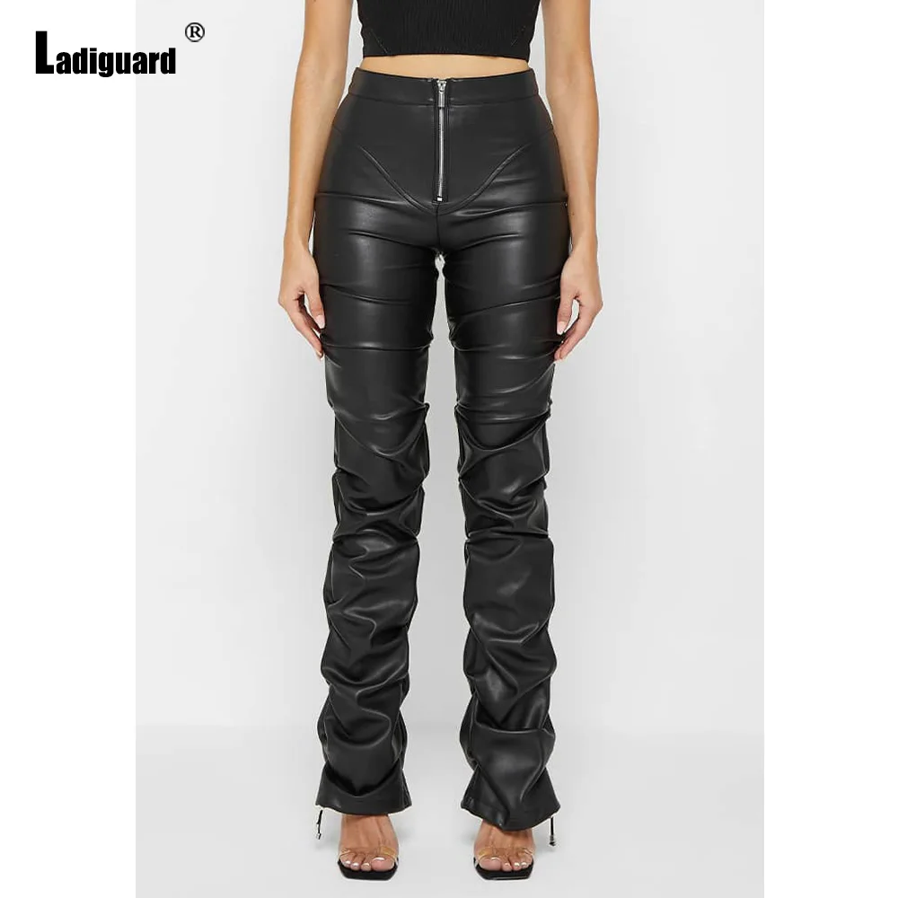 

Ladiguard 2022 Spring Women's Zipper Pu Leather Trousers Autumn Pleated Flare Pant Women High Cut Faux Leather Pants Streetwear