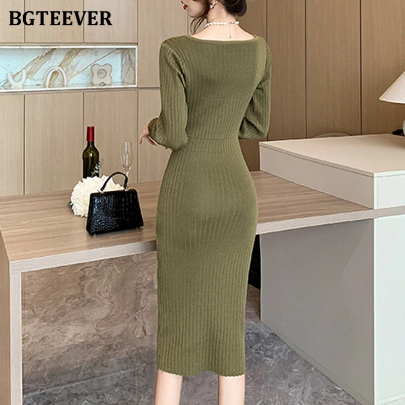 BGTEEVER-vestido bodycon de malha com gola quadrada para senhoras, suéter feminino, elegante manga longa, trespassado duplo, comprimento médio, vintage