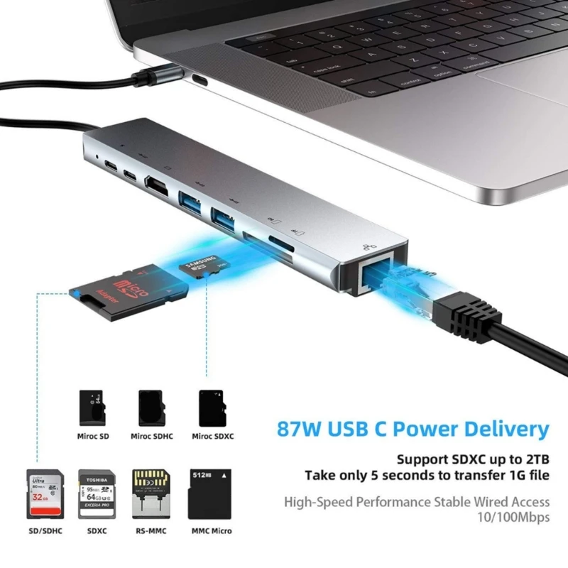 Hochleistungsfähiger USB-C-Hub-Multiport-Adapter mit Ethernet, Kartenleser, USB-Erweiterung und 4K-Anzeigefunktionen