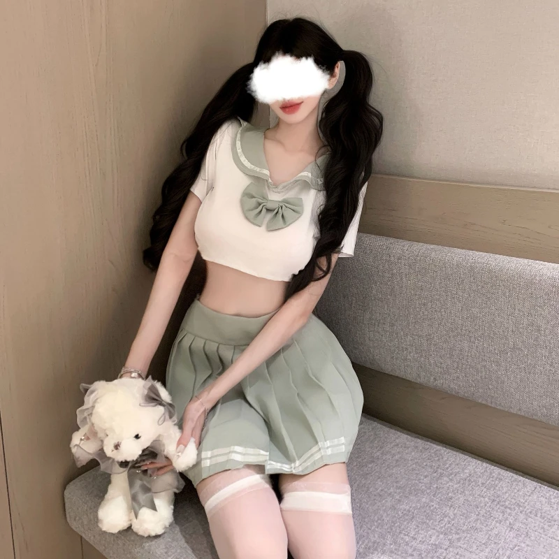 Uroczy top z krótkim rękawem i kokardą, plisowana spódniczka JK, seksowny strój do cosplayu w stylu uczelni, uwodzicielski strój dla par, gra w odgrywanie ról, strój uczennicy.