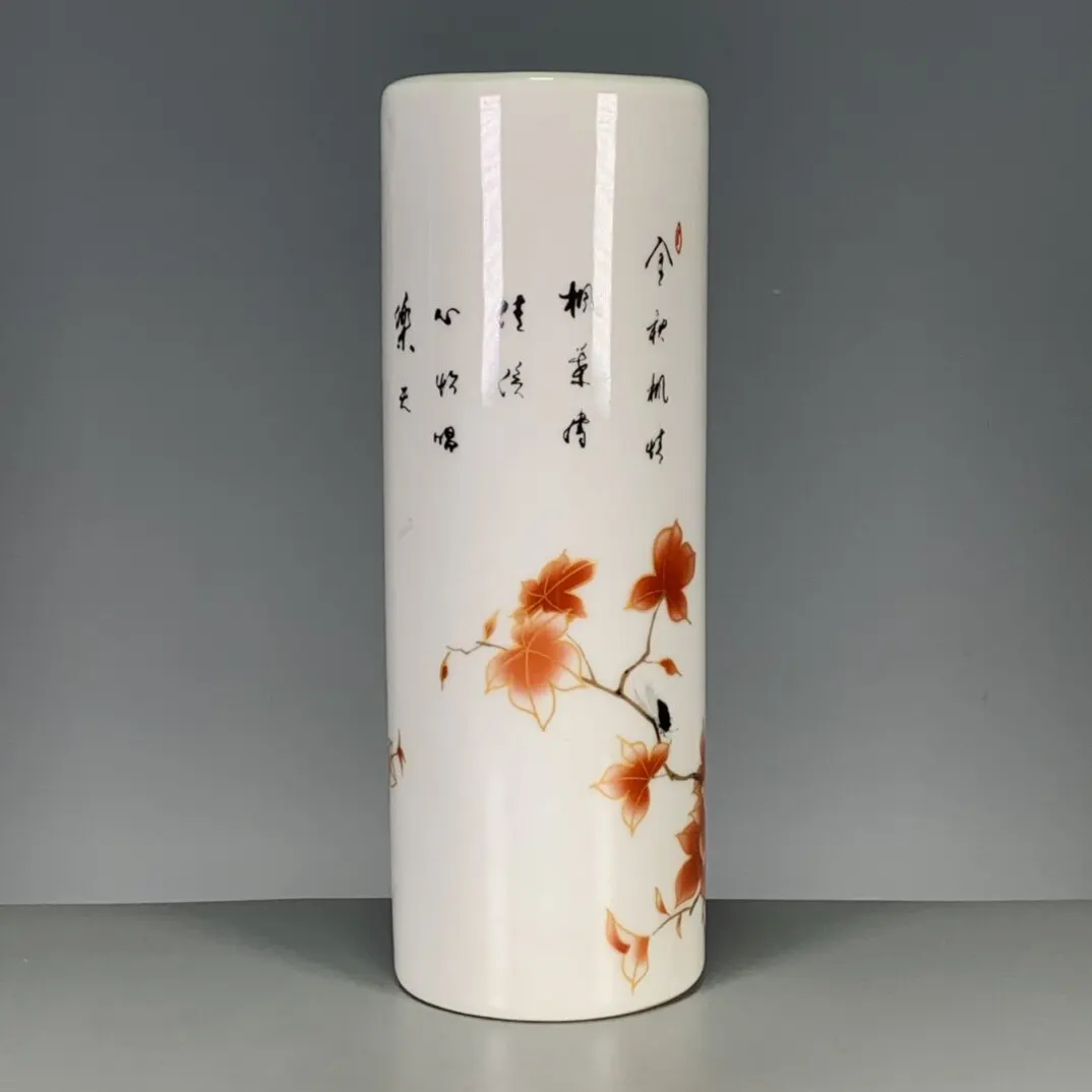 Chinese Antique Porcelain Tongzhi Mark Famille Rose Red Maple Brush Pot Incense Tube Chinese Curio Collectible Desktop Ornament