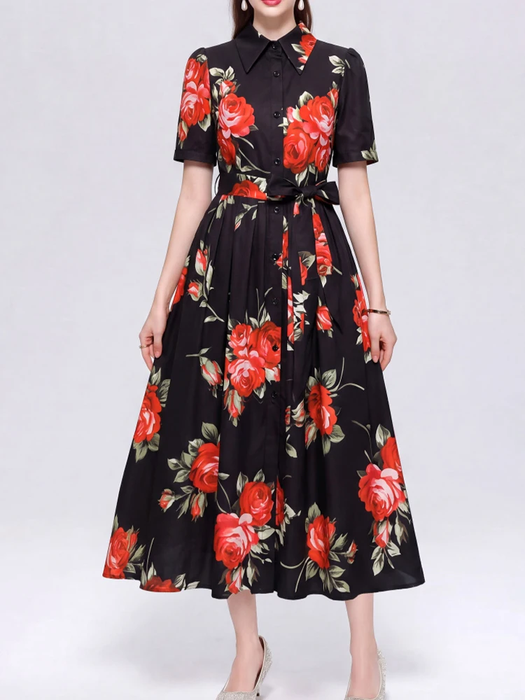 

Elegant Printed Lapel Single Breasted Short Sleeved Waist Cinched Dress 2026 New Fashionable Women'S Summer Clothing