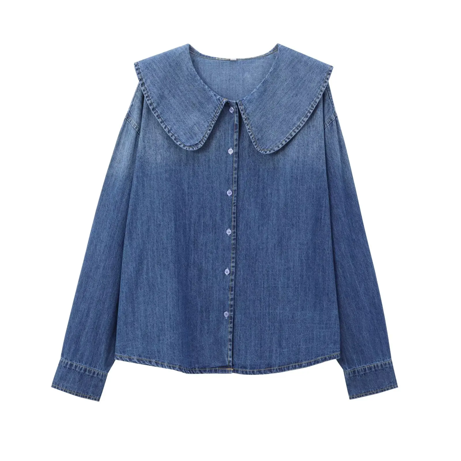 TRAF Women 2024 Autumn and Winter New Fashion Lazy Style Denim Shirt Chic Doll Collar Button Versatile Top Blouses Mujer