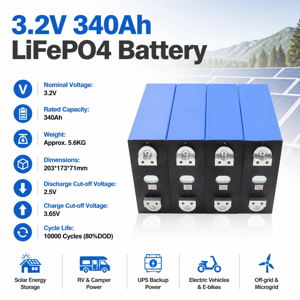 New 3.2V 340Ah Lifepo4 Battery Large Capacity DIY 4s 12V 24V 36V Suitable for RV Camping Vehicle Solar Energy Storage Battery