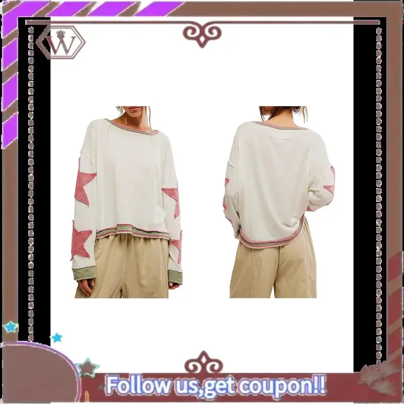 

A95D-Women Oversized Cotton Long Sleeve Shirts Tops Star Crewneck Pullover Y2K Fall Winter Grunge Clothes