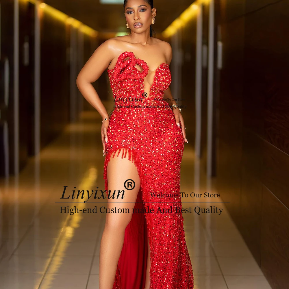 Glitter lantejoulas vestidos de baile sem alças miçangas sereia fenda lateral vestidos de festa à noite personalizado sem mangas robe de soiree dubai