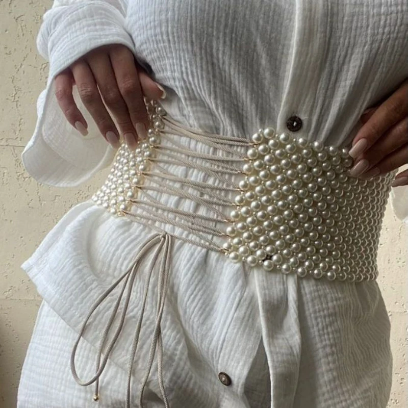 

Handmade WIde Layers Pearl Weaving Waist Belt for WOmen Luxury Elastic Waistband European Dress Corset Ceinture Strap