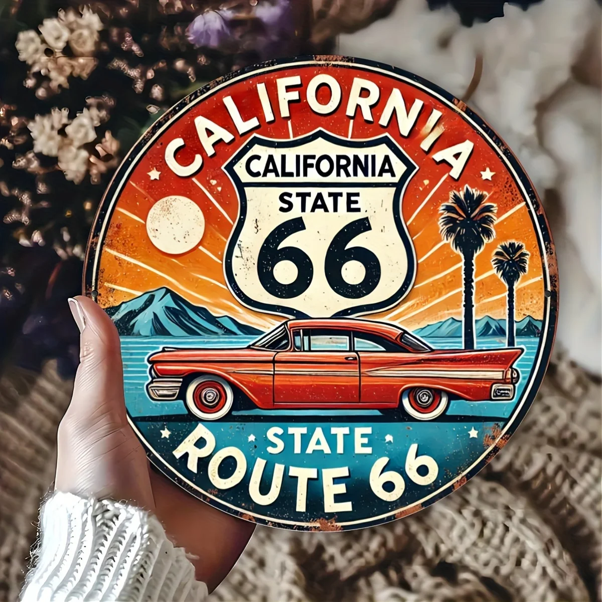 Letrero de metal impreso plano 2D de 7,8 x 7,8 pulgadas (20 x 20 cm), letrero de metal vintage de California Route 66, arte de pared redondo clásico, perfecto f