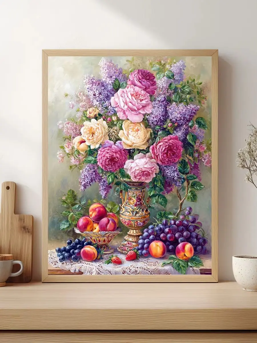1 Stück 30x40cm/11,8x15,7 Zoll, 11Ct/14Ct Kreuzstich-Set, DIY Valentinstagsgeschenk, Stickerei-Set für Festlichkeiten, Vase mit Früchten und Blumen – Detail 1