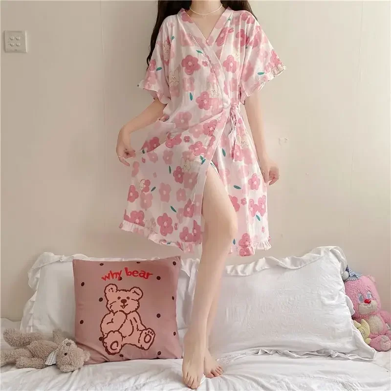 Kimono Women\'s Pajamas Robe Cotton Nightie Summer Dress Nighty Pijama Sexy Long Dresses Nightgown Fancy Bathrobe Clothing Pajama