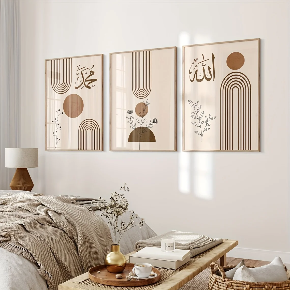 3 قطع ملصق إسلامي على الطراز البوهيمي يزين بالخط العربي الذهبي وأنماط الأزهار