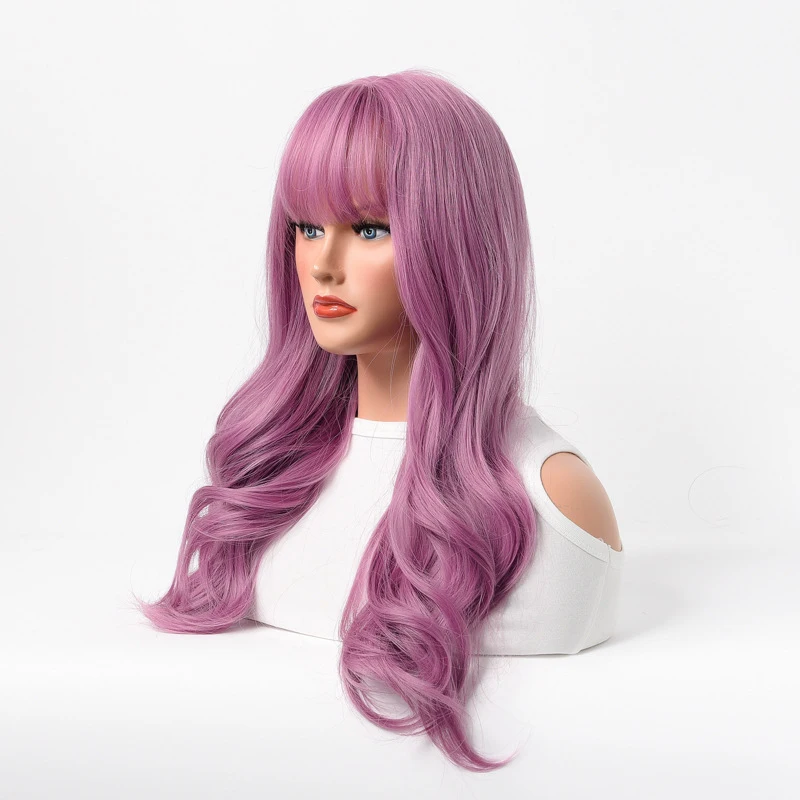 European American style long curly hair with bangs, purple and brown, trendy synthetic fiber full wig for women