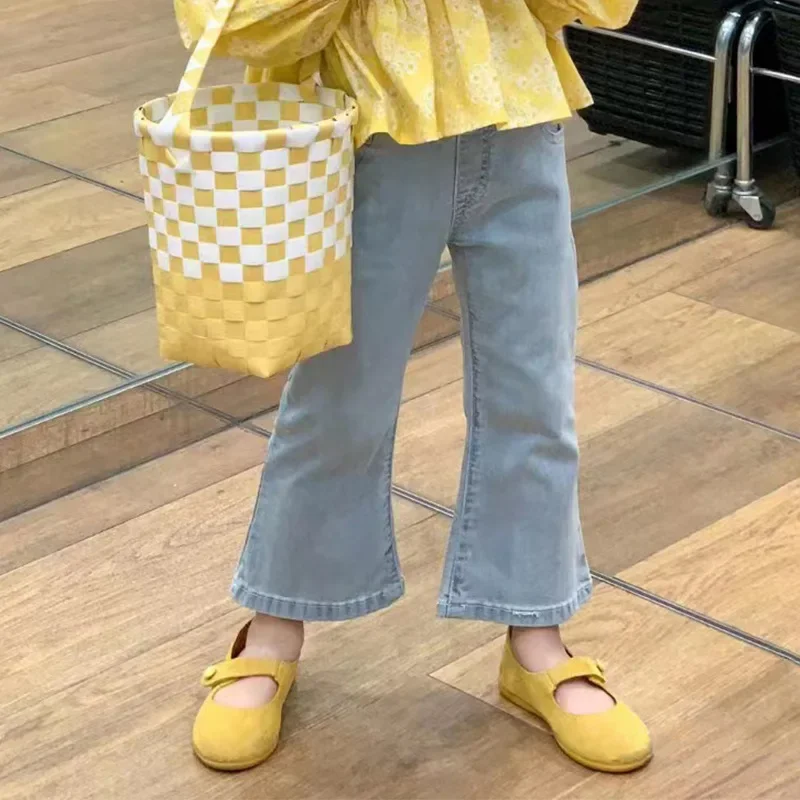 4772C ملابس الفتيات 2023 الكورية الربيع فتاة جديدة الأزهار قميص طويل الأكمام أو تسعة البوق الجينز الحلو فتاة الملابس