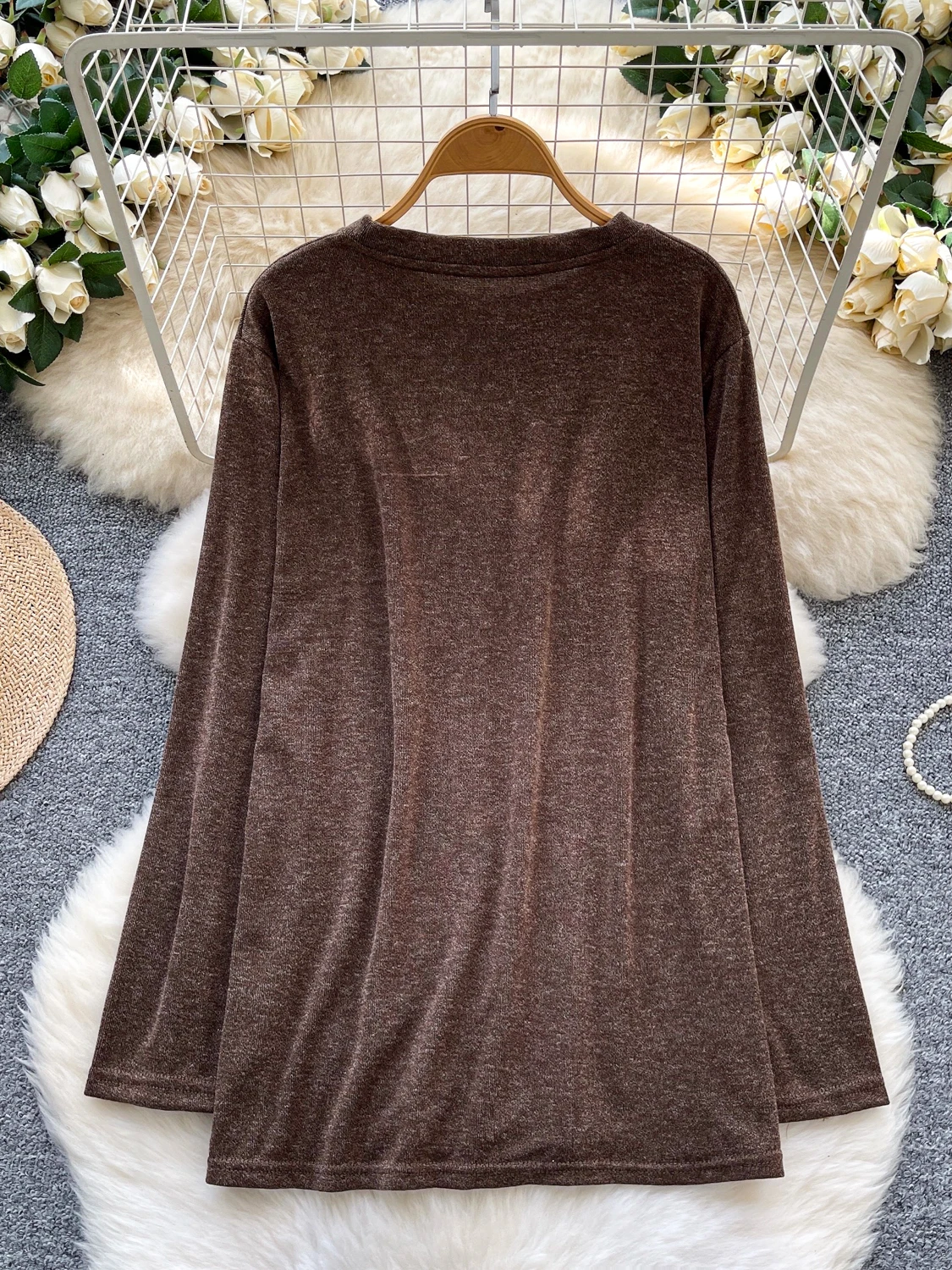 韓国スタイル カジュアル ルーズ カラーブロック ポケット ラウンドネック 長袖 レディース Tシャツ インナーウェア 快適 通気性 ポリエステル繊維