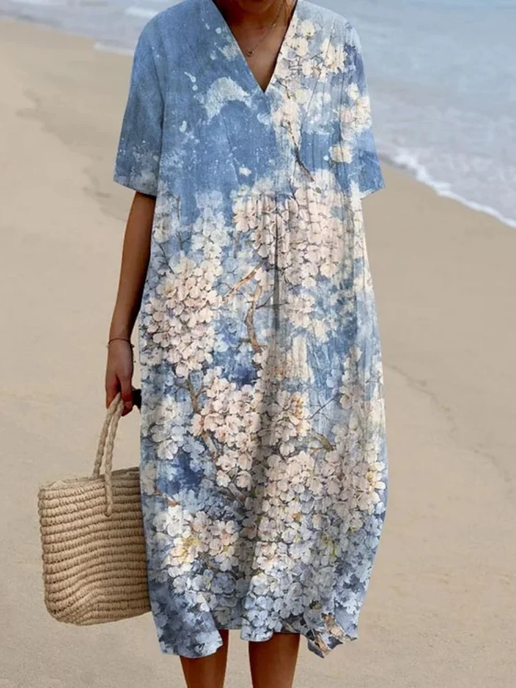 

Fashion Summer Plus Size Dresses Oversized 2026 Short Sleeve V-neck Dropped Shoulder Midi Sundress Chic Outfits Holiday