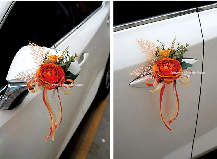 6 Fiori Finti Bianchi Per Auto Da Sposa Con Fiocco In Raso - Addobbi Per Maniglie E Specchietti, Decorazioni Eleganti Per Matrimonio, Addio Al Nubilato E Feste - 5