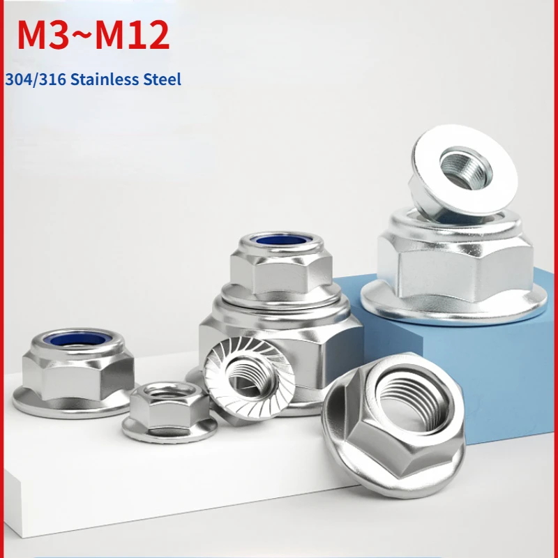 

M3 M4 M5 M6 M8 M10 M12 A2/A4 Stainless Steel Hex Flange Nylon Insert Lock Nut Self-locking Nylock Locknut