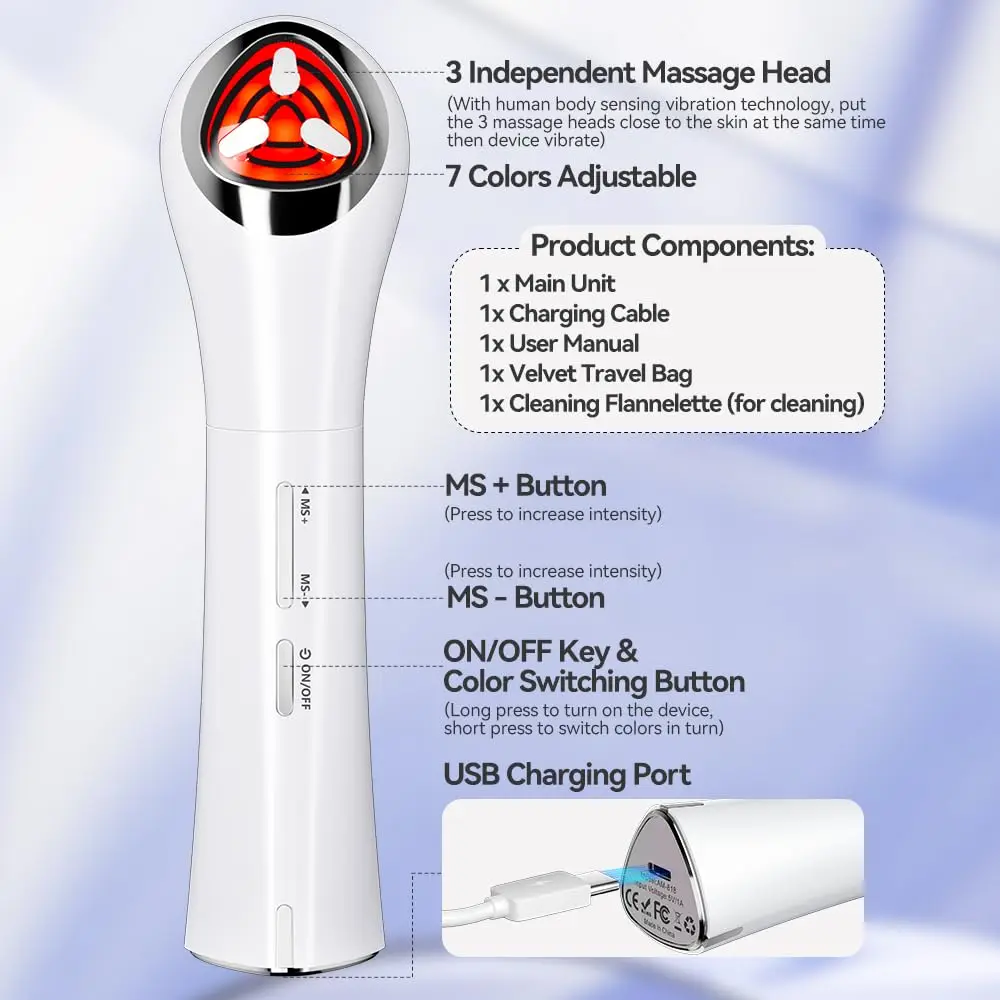 Smart Library Portable Red Light Care Tool 630Nm 850Nm 3 Intensities Sonic Microcurrent Spa Home
