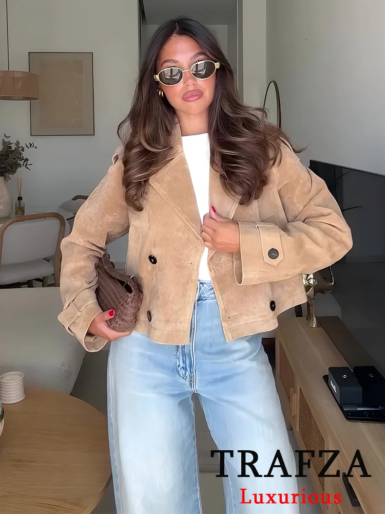 

TRAFZA Vintage Casual Chic Women Suede Jackets Solid Double Breasted V Neck Short Coat Fashion 2025 Autumn Winter Trench Coats