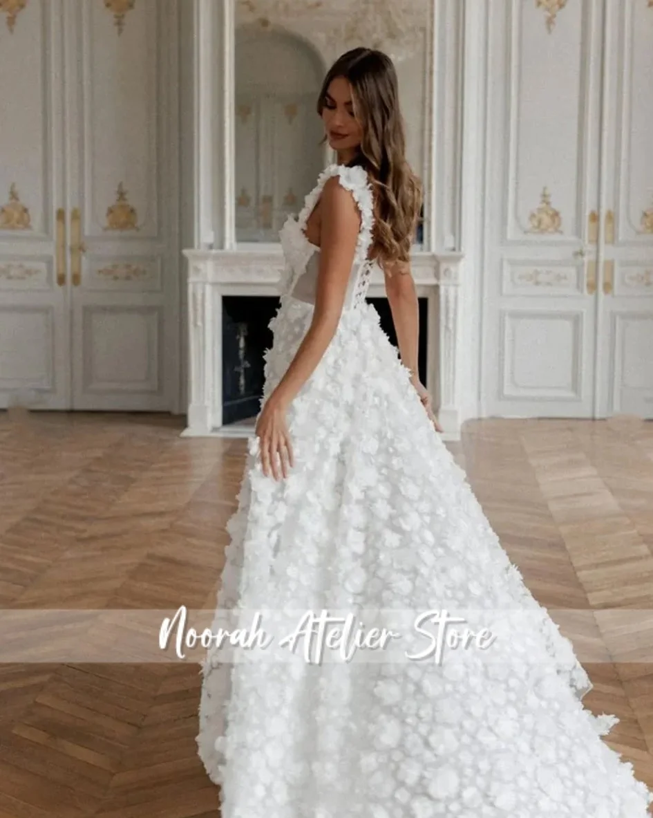 Vestido de novia personalizado con tirantes finos y flores, vestidos de noche con abertura alta para mujer, vestido de novia de celebridad de Dubái 2025