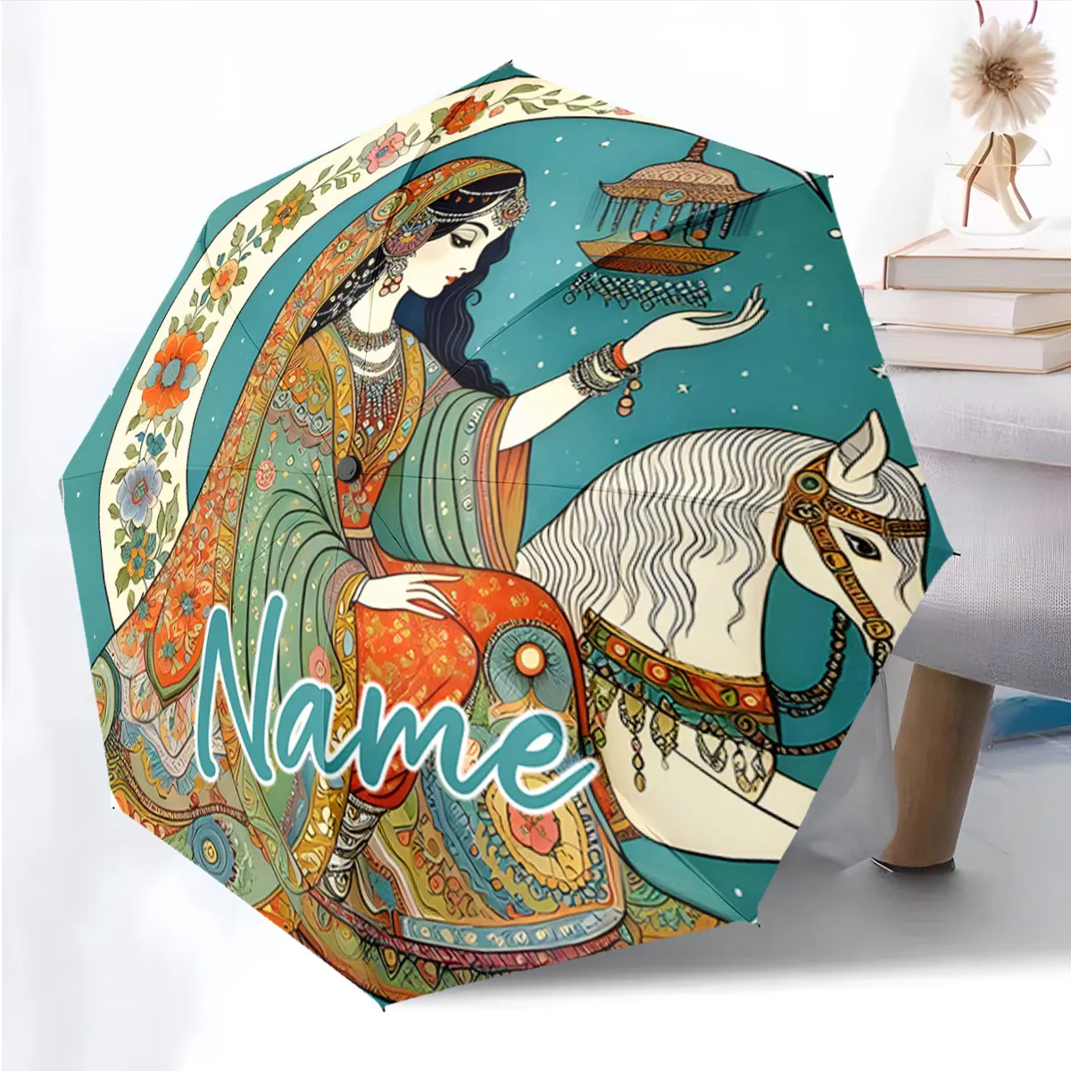 Custom Name Elegant Umbrella with Artistic Floral Design Print 8 Iron Ribs Folding Umbrella, Auto-Open Fashion Sunshade