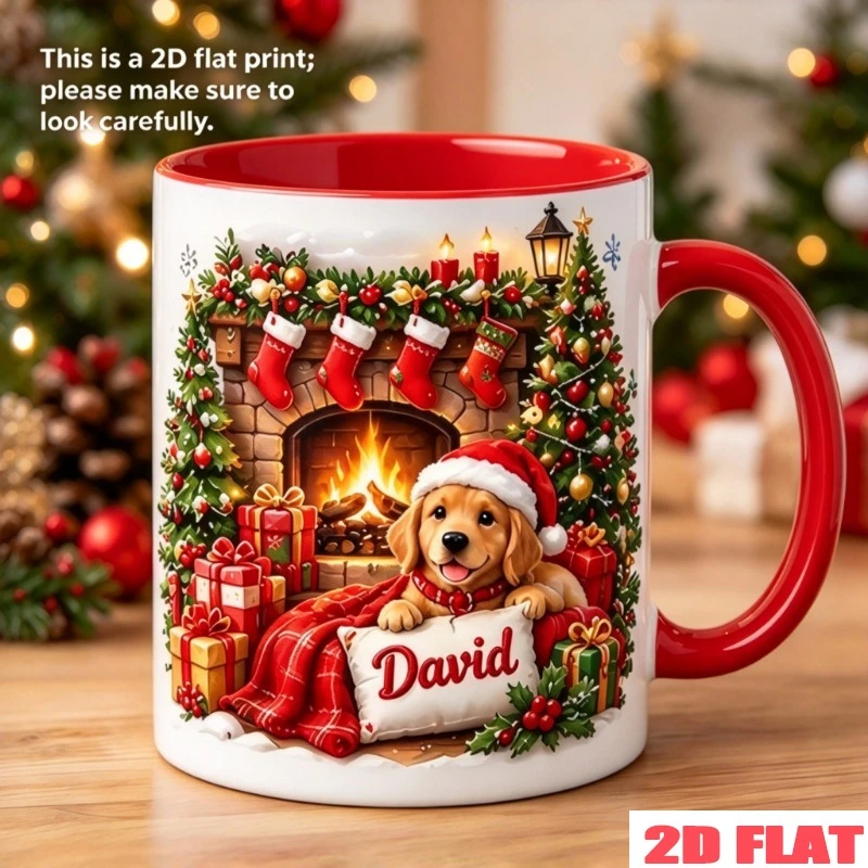 Personalized Christmas Pet Ceramic Coffee Mug 11oz Custom Name Golden Retriever Christmas Tree Stocking Gift Box Print Microwave