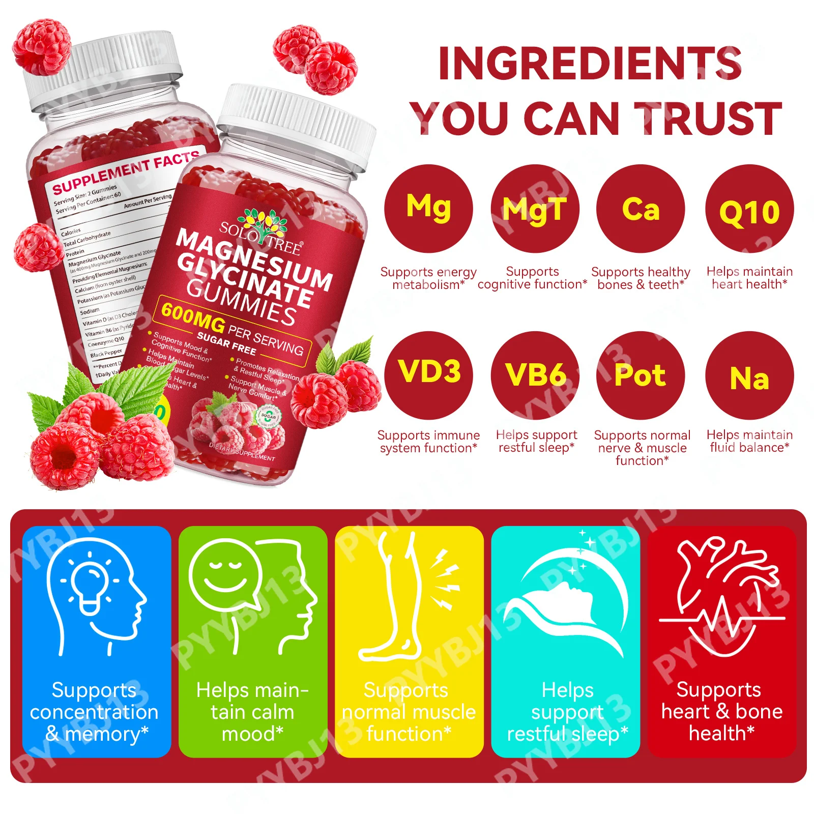 SOLOTREE Magnesium Glycinate Gummies, Serving Sugar‑Free Chelated Formula with Calcium & D3, 120 Count, Boost Bone Health & Calm