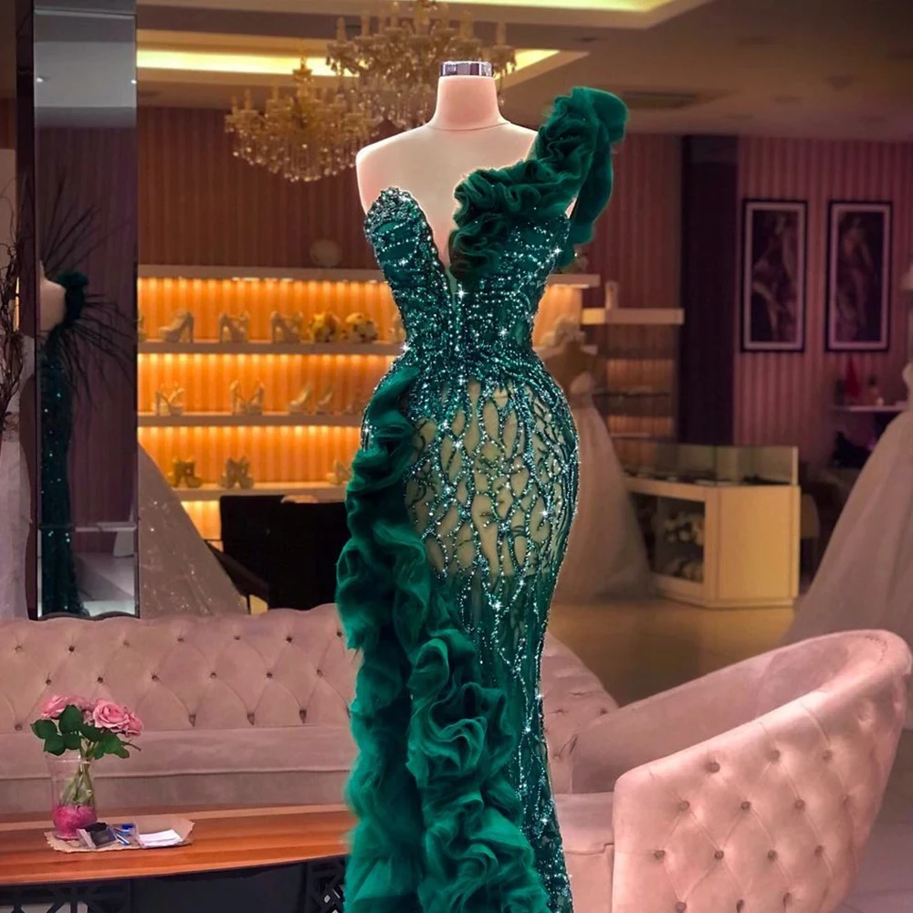 Exquisite Evening Dresses Green Chic Beads Sequined Mermaid Party Gowns Ruched Pleat Side Slit Floor Length Prom Dresses