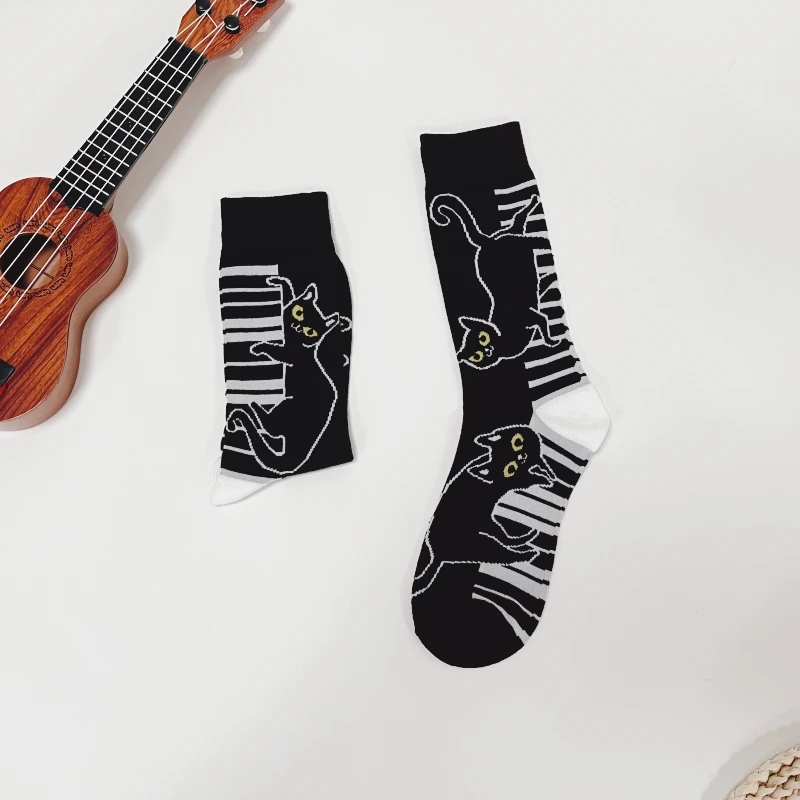 1 Pair Piano Cat Personalized Fashion AB style Men\'s Mid-Calf Socks Suit In All Seasons For Everyday