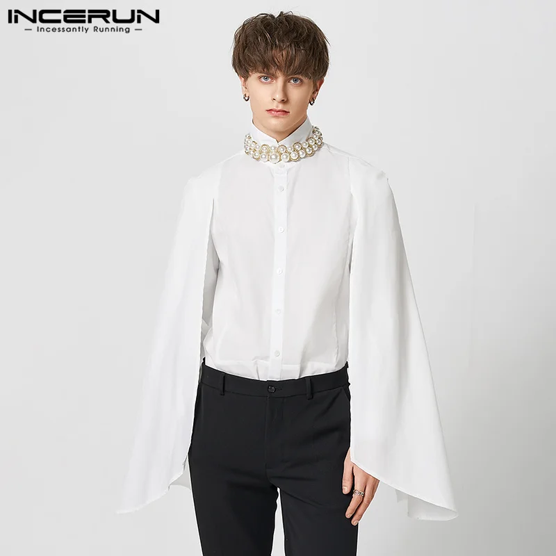 INCERUN-Camisa irregular monocromática masculina, lapela patchwork, streetwear de manga comprida, camisas casuais elegantes, outono, S-5XL, 2023