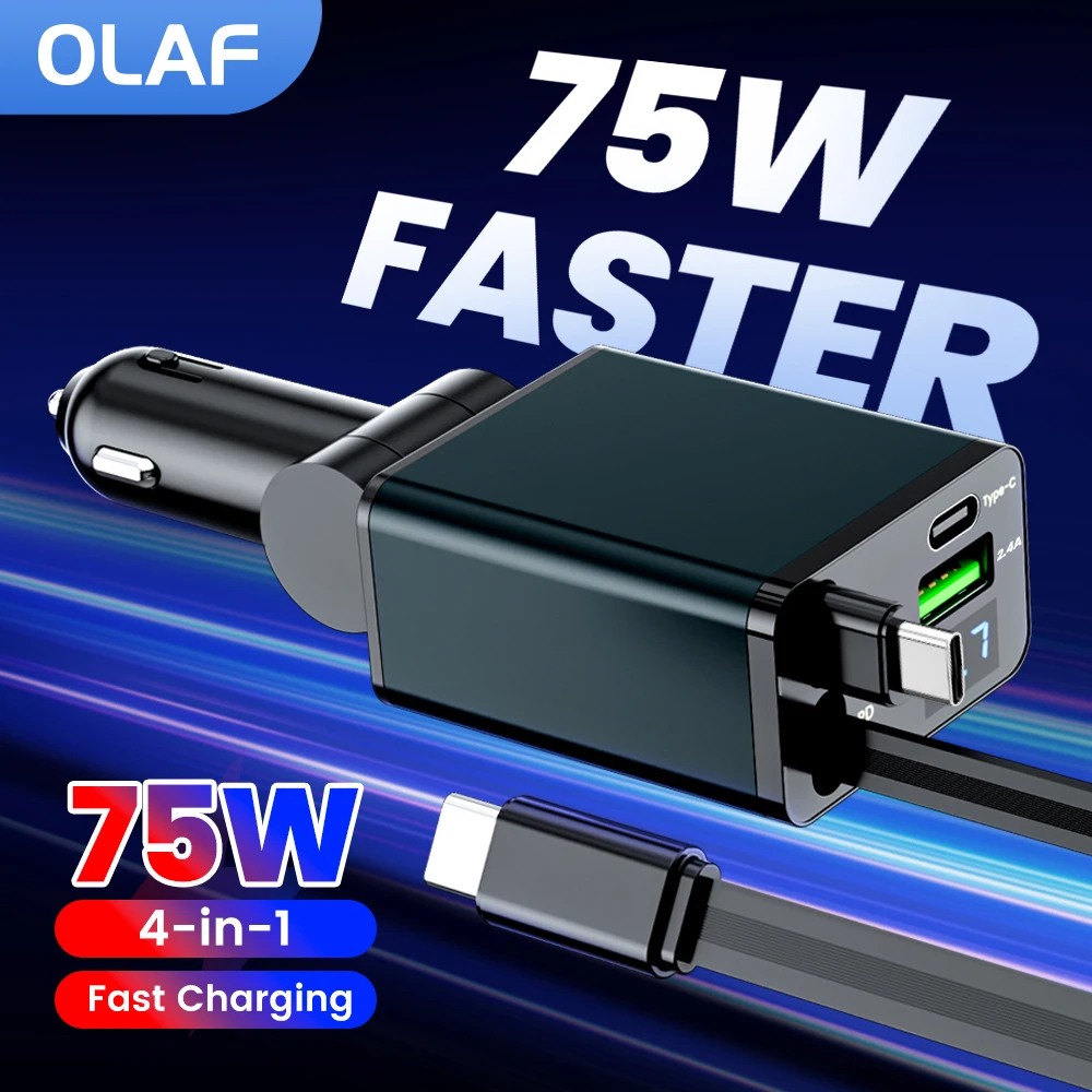 

4 in 1 Car Charger With Retractable Dual Type C Cable USB Car Charger Type C Car Phone Charger Adapter For Iphone Samsung Xiaomi