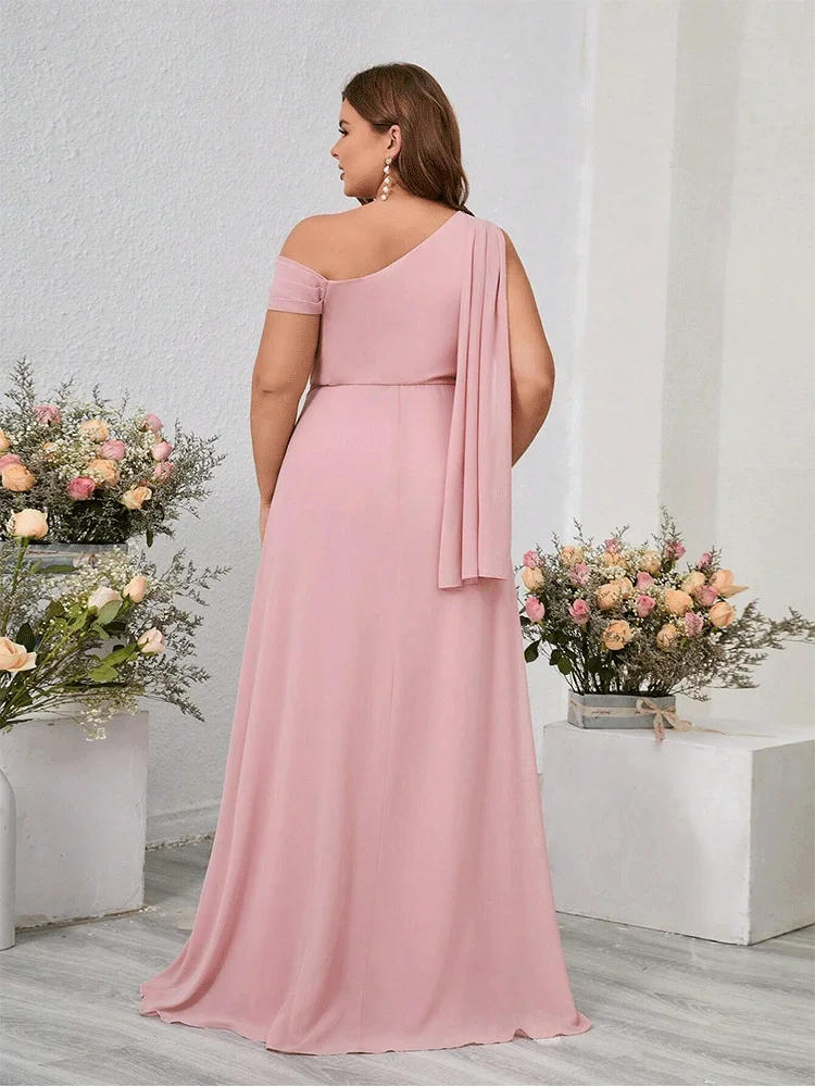 Plus Size Pink Chiffon One Shoulder Bridesmaid Evening Dress 4XL 5XL BIg Size Women Floor Standing Evening Dress