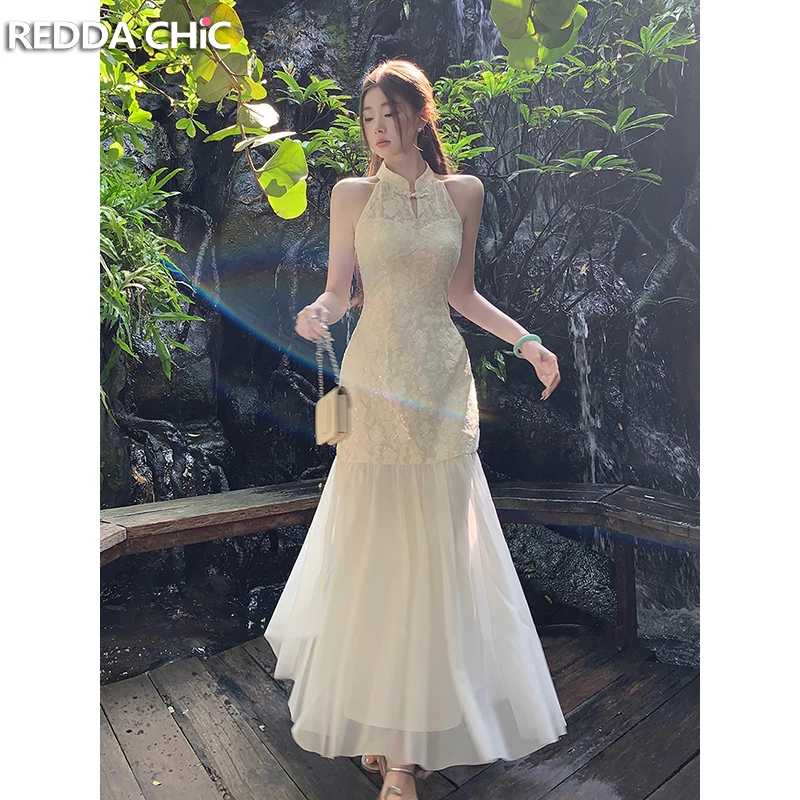 

ReddaChic белое жаккардовое платье Ципао женское кружевное облегающее длинное платье без рукавов с лямкой на шее «рыбий хвост» в китайском стиле вечернее платье