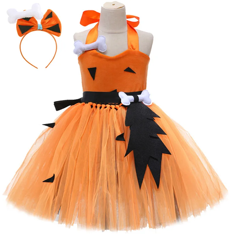 3 Colors Pebbles Flintstones Costumes Girls Christmas Halloween Dresses for Kids Clothes Carvegirl Cosplay Outfits with Bone Bow