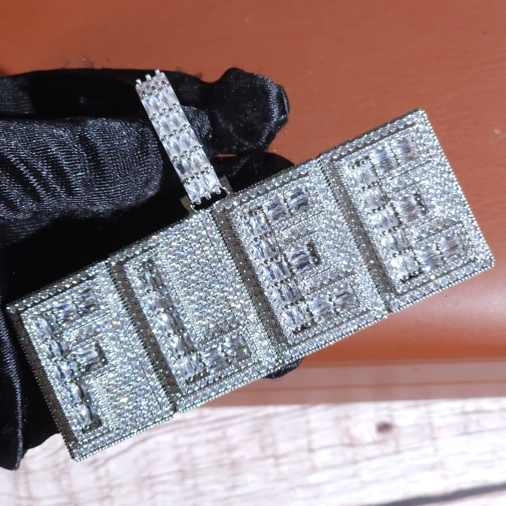 ICE CHARMI مربع مثلج خارج بلينغ مخصص رسالة شخصية لوحة سحر الكوبية سلسلة الهيب هوب الشارع قلادة هدية له لها #4