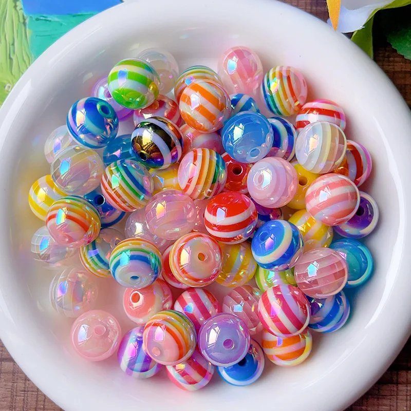 10Pcs 12MM UV Iridescent Candy Acrylic Beads Horizontal Stripe Round Loose Beads MulticolorSpacerBeads DIY PhoneCharmAccessories