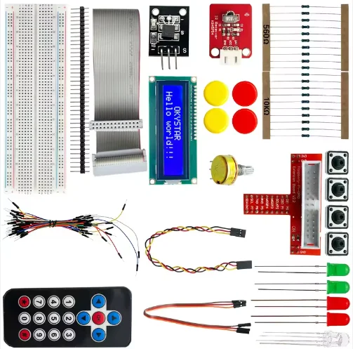 Basic electronic component kit, including 830-point breadboard, LCD display and temperature sensor