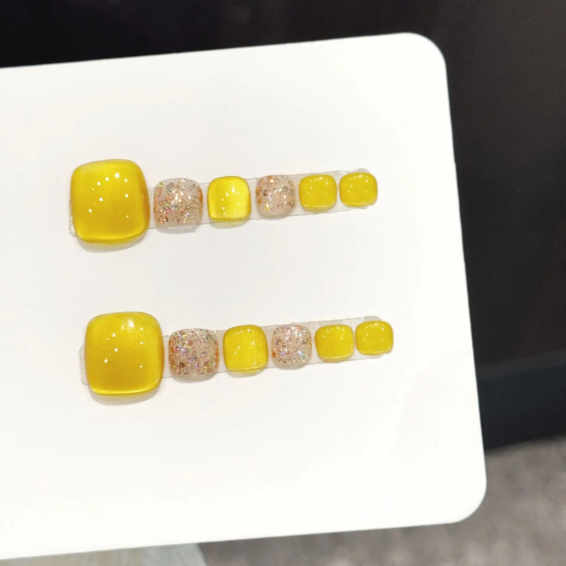 

10PCS Short Square Golden lemon broken diamond Handmade Press On Nails toenail Summer Nails,Summer Style, Parties And Daily Wear