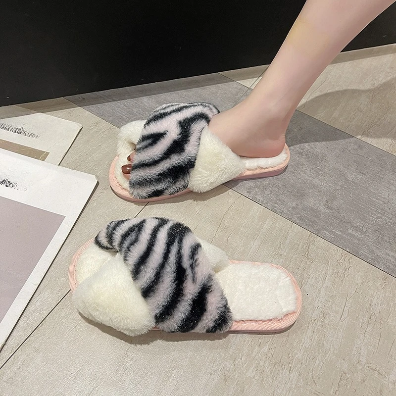 Fashion mixed color Striped Cross Strap Women Cotton Slippers Winter Plush Open Toe Warm Lightweight Comfort Indoor House Shoes